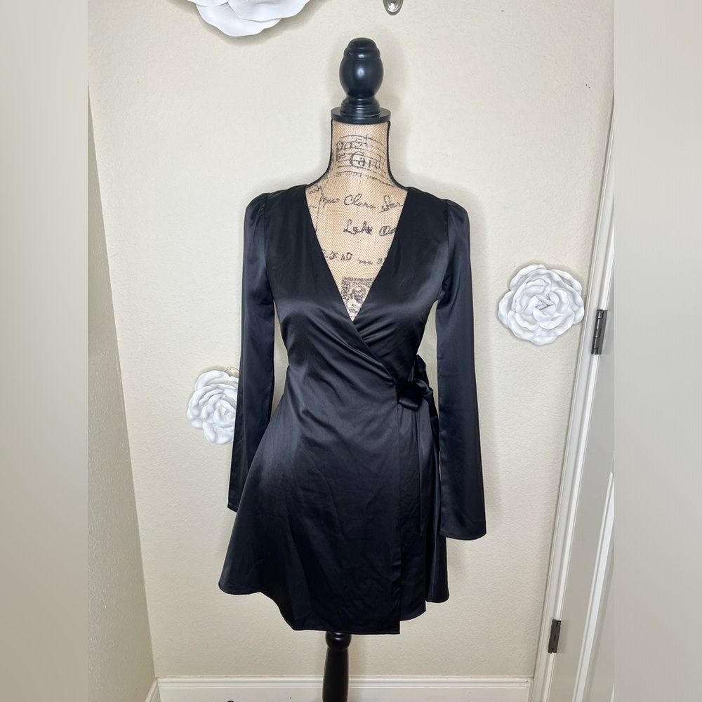 Lulu’s Festive Forever Black Satin Long Sleeve Mini Wrap Dress in Size XS